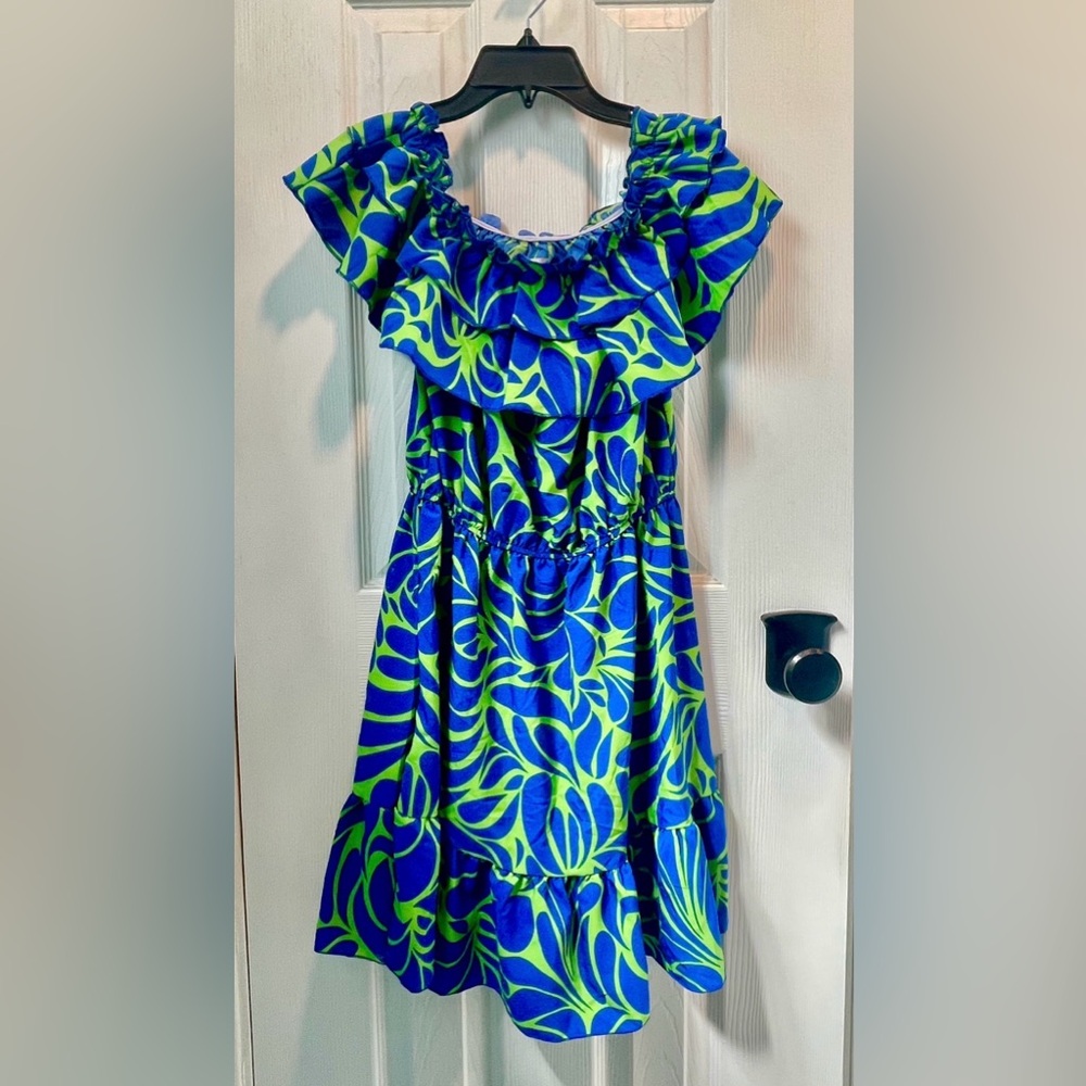 Cute Girls Ruffle Neck Floral Print Dress in Blue and Lime